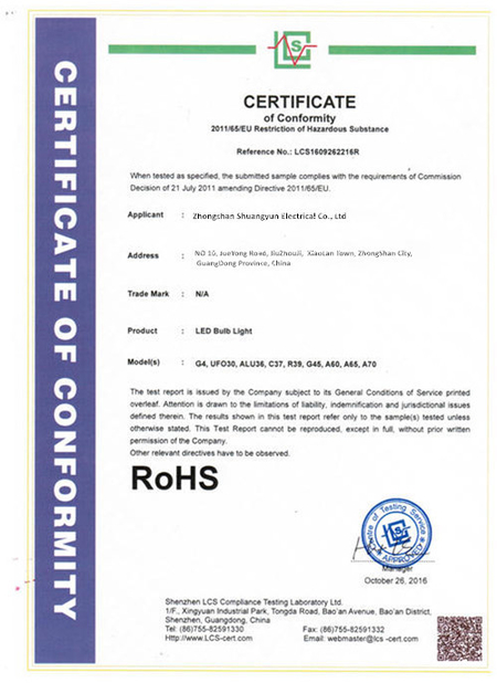 China Zhongshan Shuangyun Electrical Co., Ltd. Certificaten